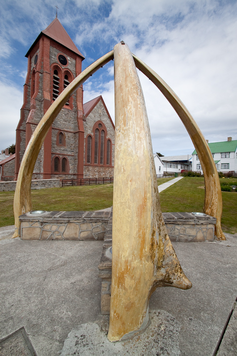 Stanley Cathedral with a whale jaw bone sculpture (2009).
