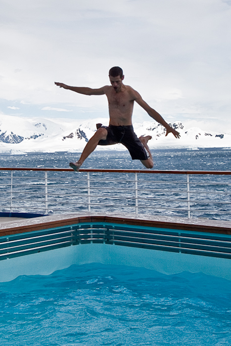 Jumping into the pool. Chilly!