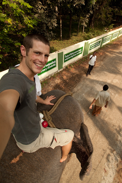Me on an elephant, taking a photo of myself.