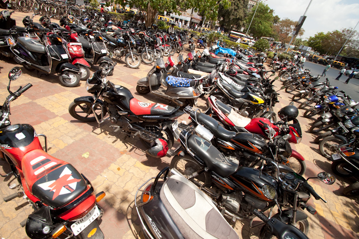 Tuctucs are banned in downtown Mumbai, but there are plenty of motorbikes.