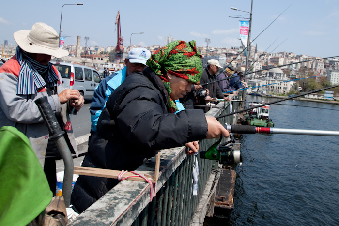 There are two bridges across the Golden Horn, a spur of water that separates two parts of Istanbul. There are always hundreds, maybe thousands, of people fishing from the bridge. It's quite impressive, especially as in all the many times I crossed these bridges and took photos, I never saw anyone catch or land a fish.