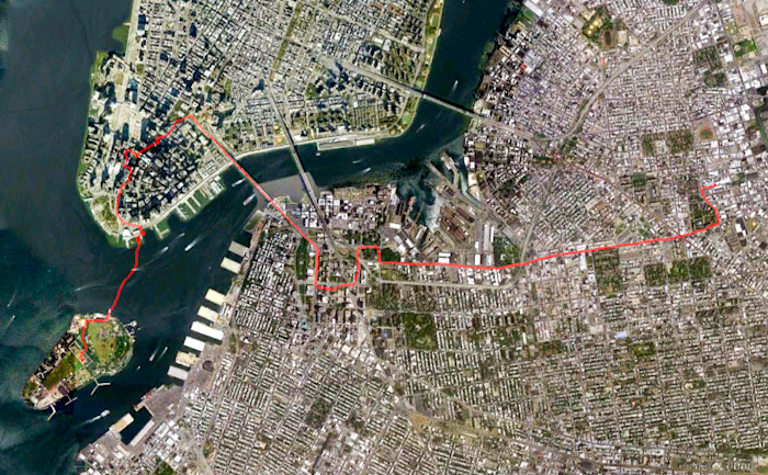 This was my route across the city, captured on the return ride because I forgot to turn on my GPS tracker when I left home.