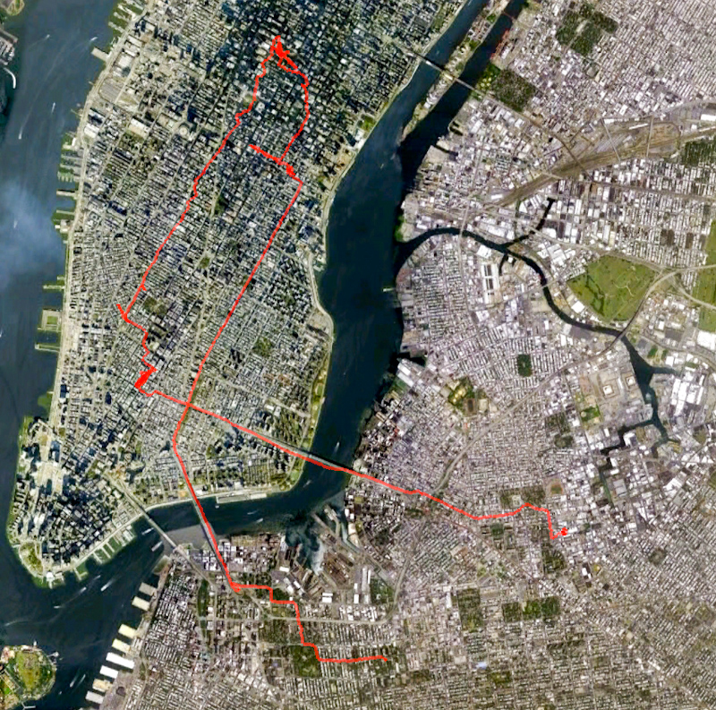 My route from home, around the city, to where I ate a burger, and to the Pratt Institute juggling meeting.