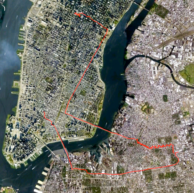 The obligatory route map. My gps tracker packed up half way through, so my route down Manhattan is missing. On the way home I used my iPod and some software I downloaded months ago, and it draws a much smoother line on the map.