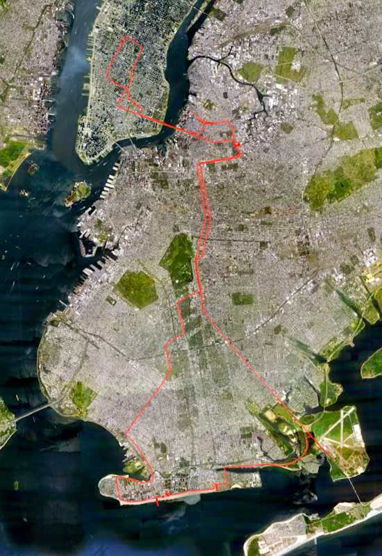 The route of my bike ride down to Coney Island. I didn't take a map, thinking that as long as I kept heading south I'd reach the sea. However, a road name that I recognized from a previous bike ride map as a north/south route, Flatbush Avenue, had a left turn soon after I joined it. I guess I didn't notice, so stayed on that road. I ended up heading far further east than planned. Thankfully I was in no rush.