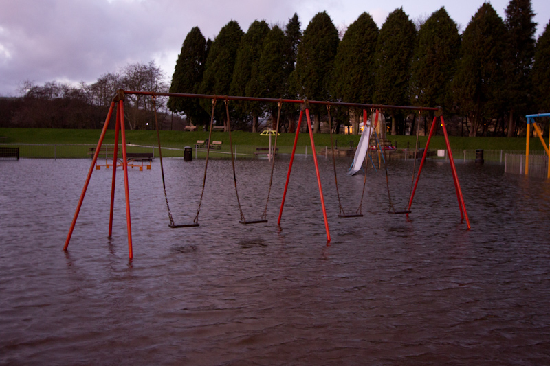 UK trip - January 2012: Flooded playground in Pately Bridge.