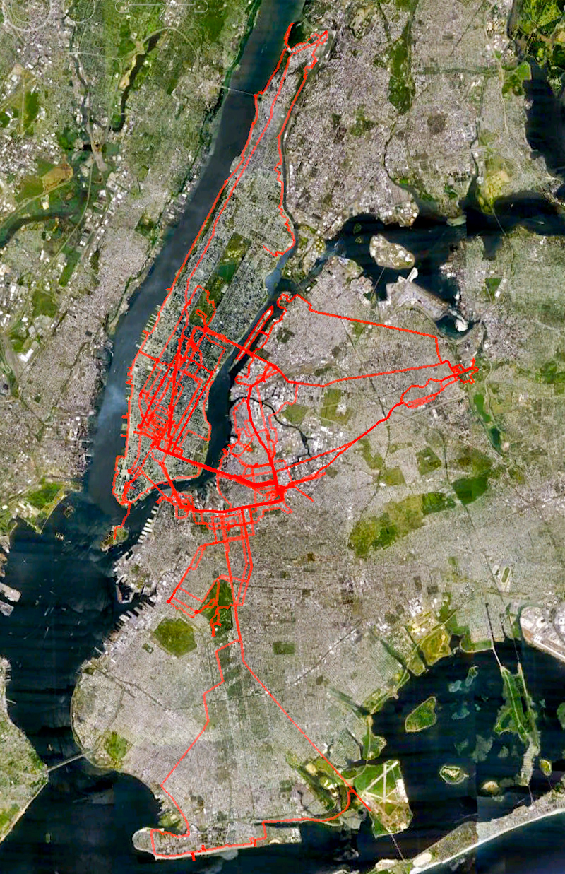 I use a GPS tracker to geotag my photos, but can also output my routes as lines on a map using Google Earth. Here is the majority of my cycling and walking in NYC, though some specific parts are missing due to dead batteries and forgetfulness.